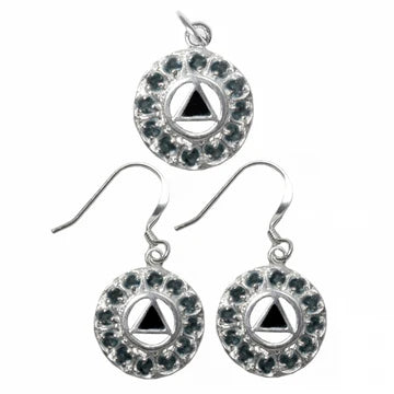 AA Earrings & Pendant Set: 12 Black Cubic Zirconia Encircling AA Black Enamel Symbol