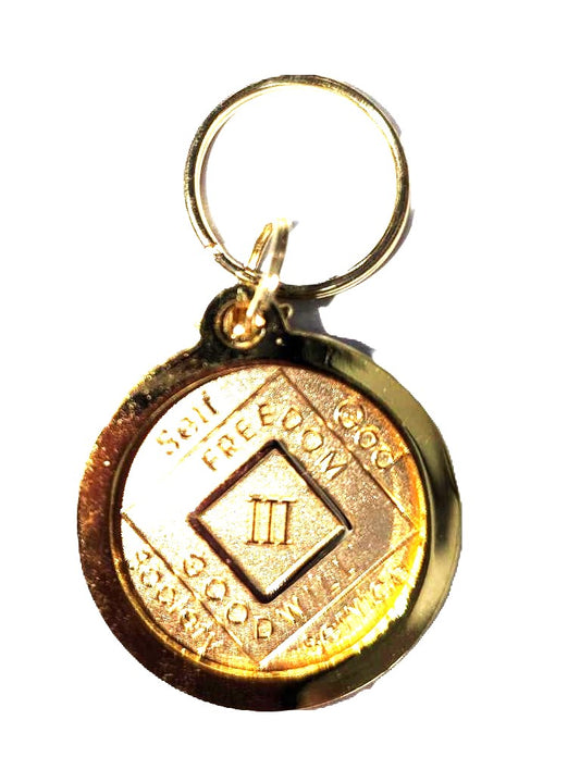 Keychain with NA Sobriety Year Medallion - Gold-Colored (Years 1 - 40)